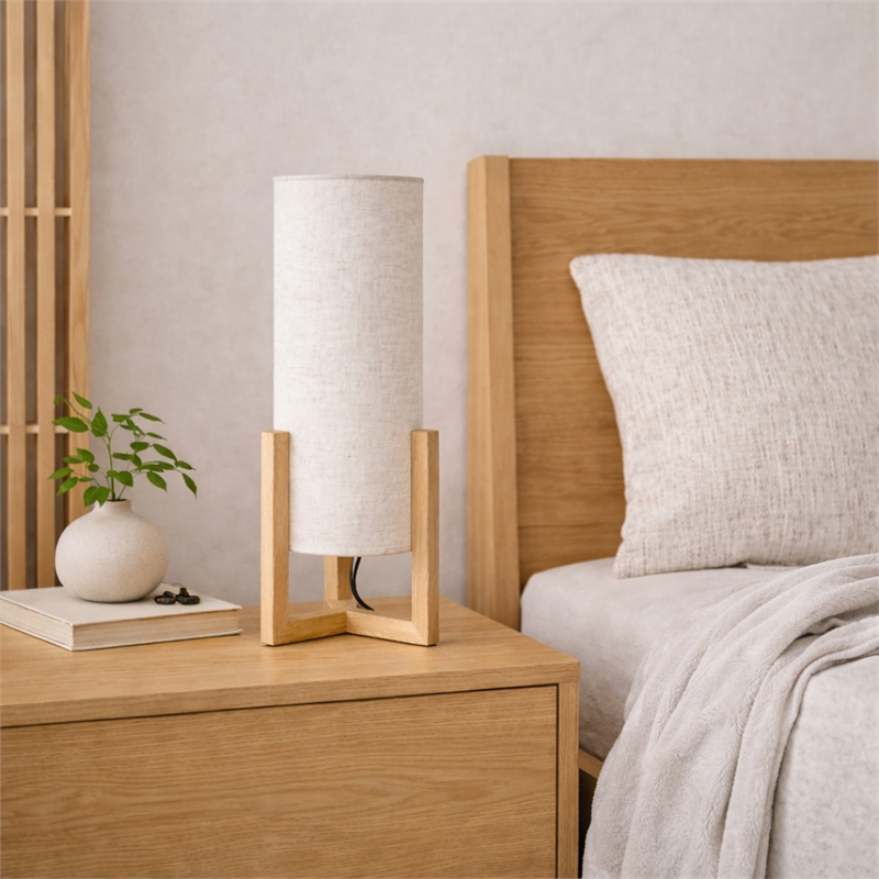 Sonya Minimalist Cylindrical Table Lamp with Natural Wood Frame