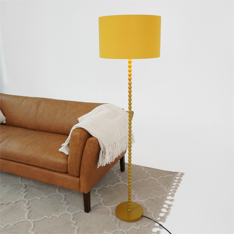 Karin Gold Metal Beaded Floor Lamp with Modern Drum Shade