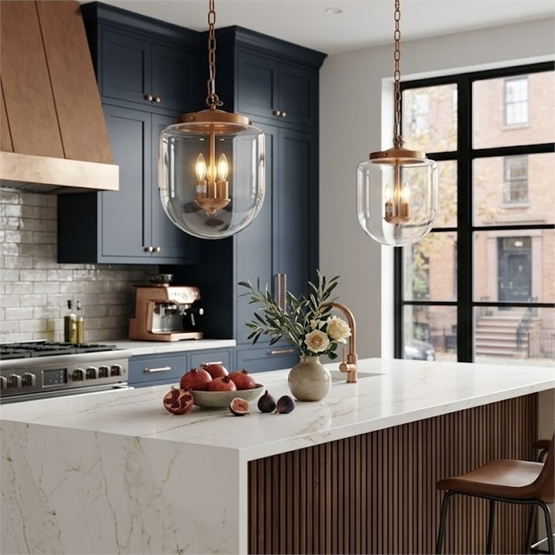 Lydia Glass Pendant Light with Brushed Gold Metal Finish and Clear Shade