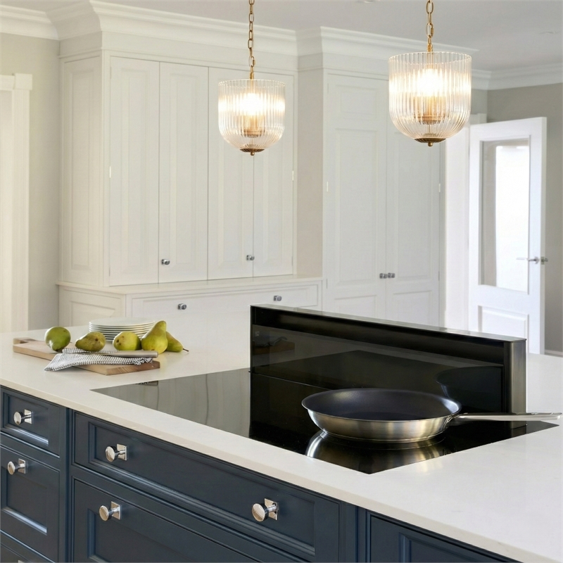 Erin Ribbed Glass Pendant Light with Adjustable Brass Chain