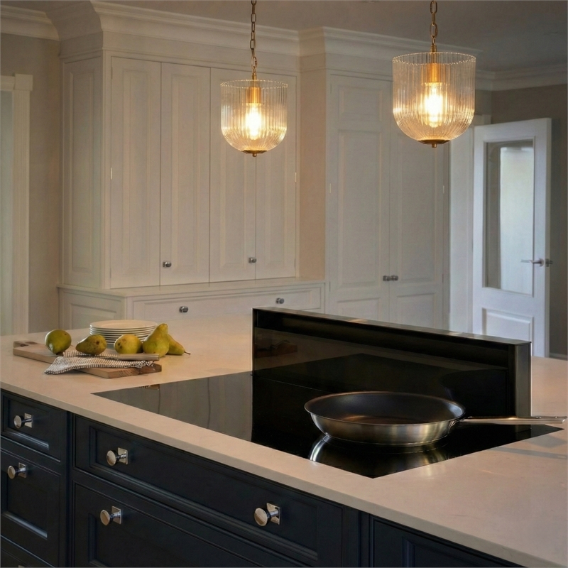 Erin Ribbed Glass Pendant Light with Adjustable Brass Chain