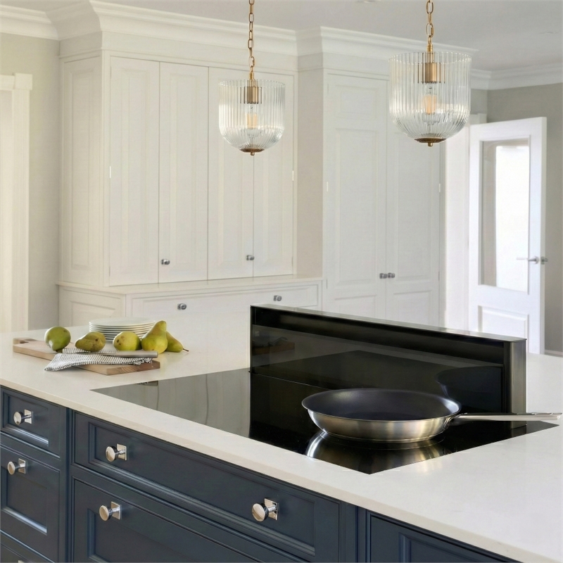 Erin Ribbed Glass Pendant Light with Adjustable Brass Chain