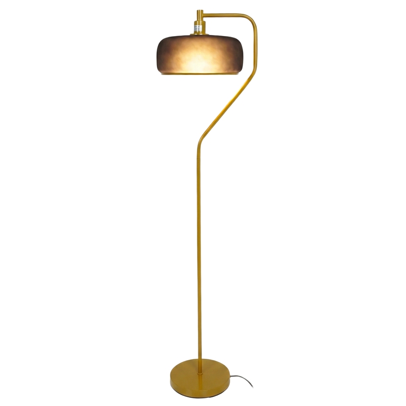 Sara Gold Metal Arc Floor Lamp with Black Drum Shade