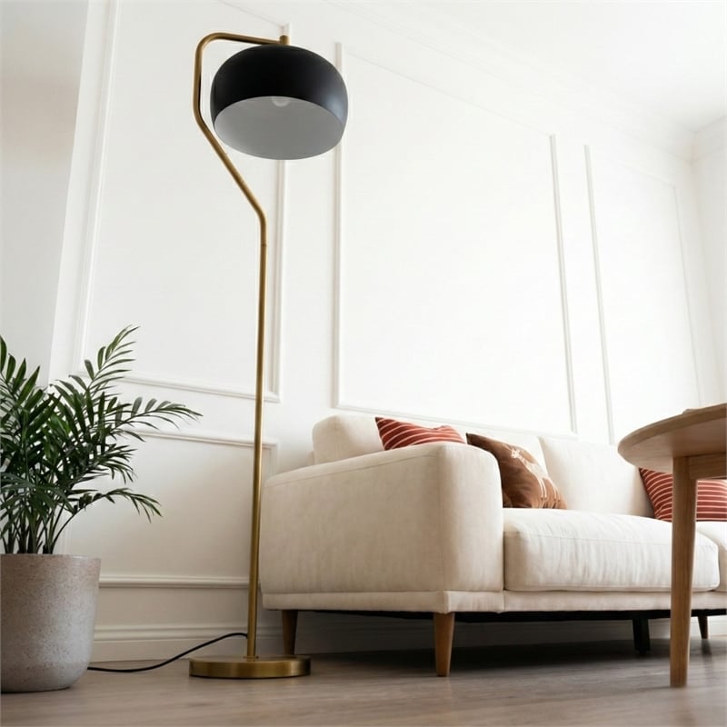 Sara Gold Metal Arc Floor Lamp with Black Drum Shade