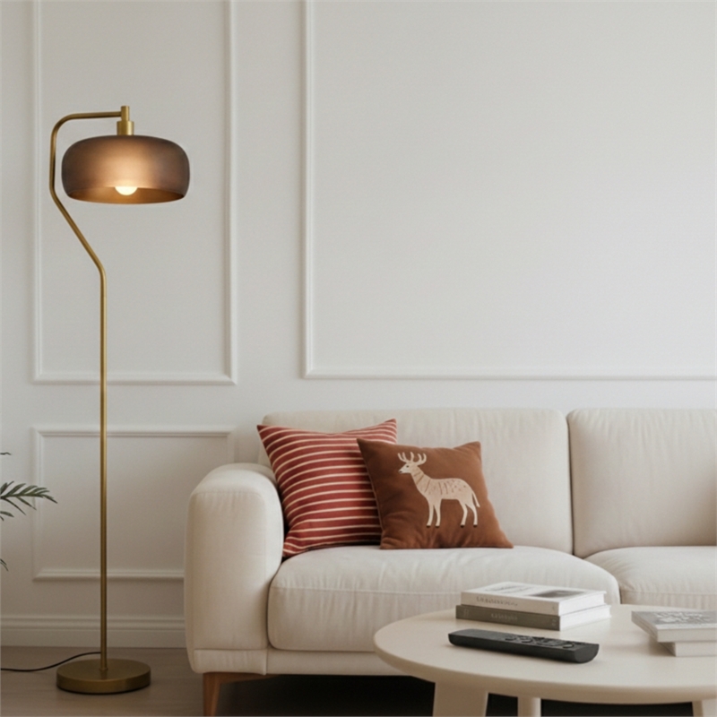 Sara Gold Metal Arc Floor Lamp with Black Drum Shade