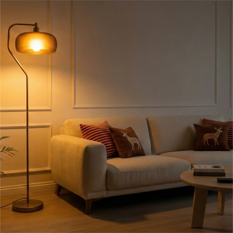 Sara Gold Metal Arc Floor Lamp with Black Drum Shade