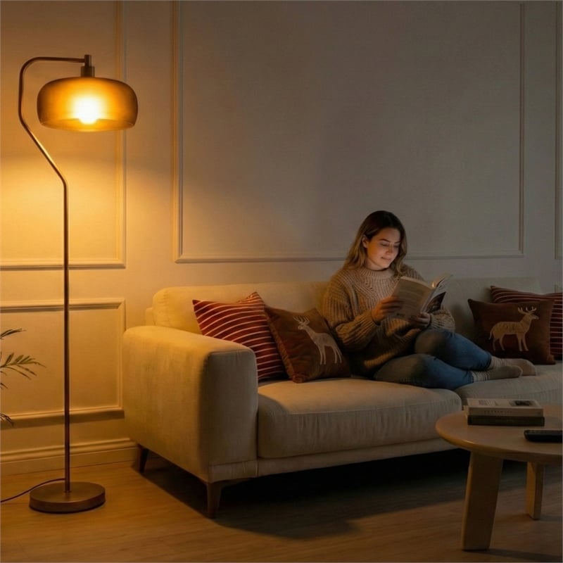 Sara Gold Metal Arc Floor Lamp with Black Drum Shade