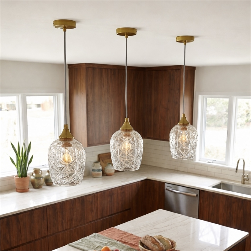 Rosen Vintage Diamond-Cut Glass Gold Metal Pendant Light
