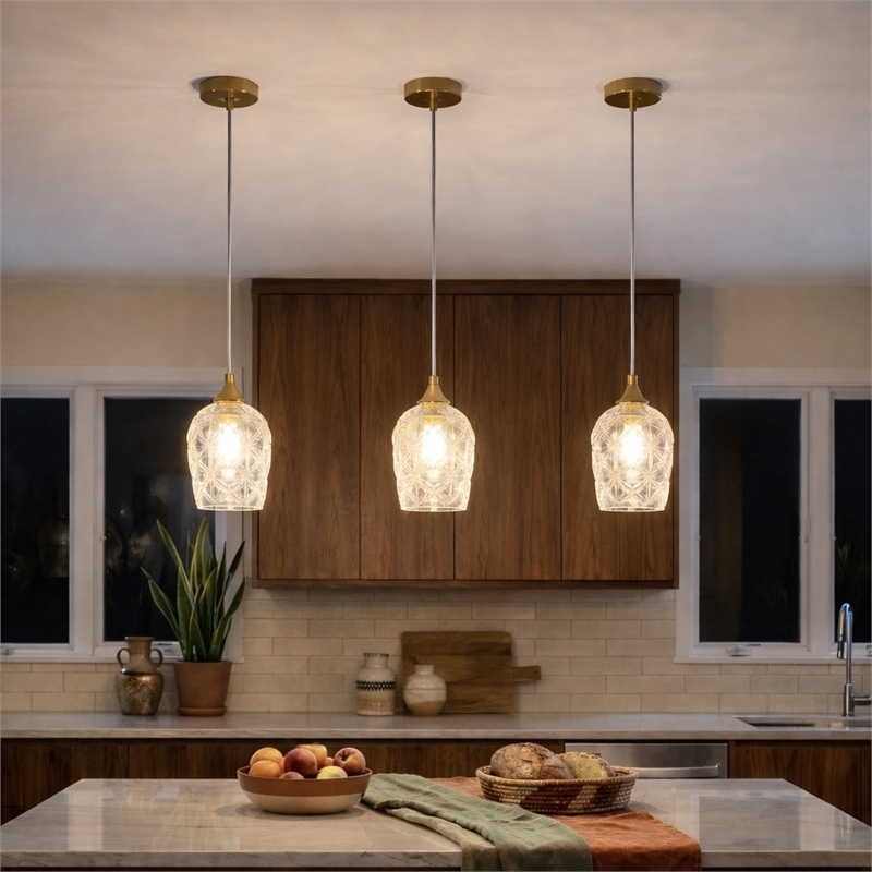 Rosen Vintage Diamond-Cut Glass Gold Metal Pendant Light