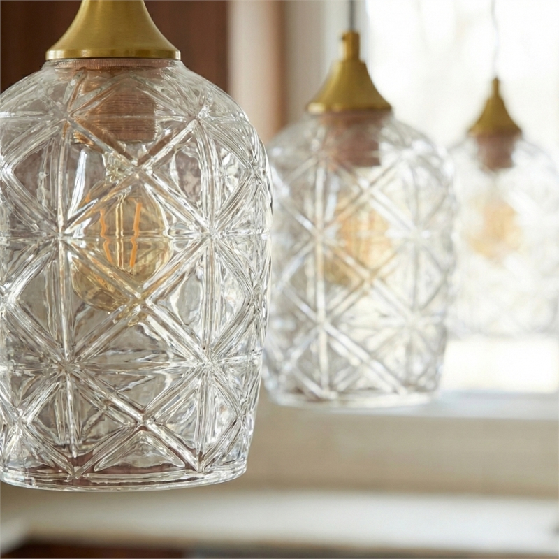 Rosen Vintage Diamond-Cut Glass Gold Metal Pendant Light