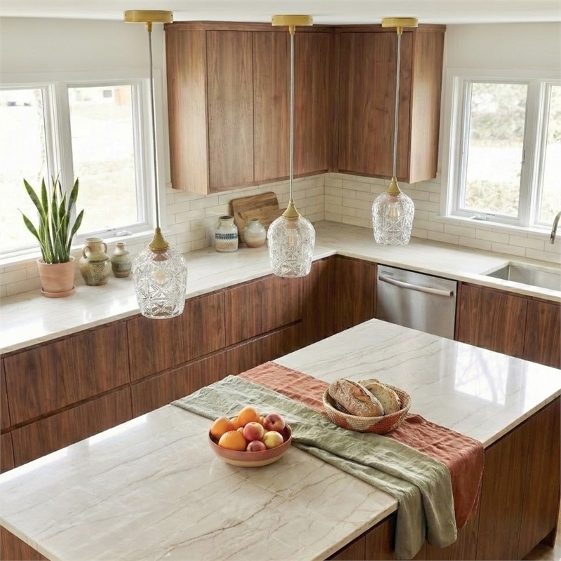 Rosen Vintage Diamond-Cut Glass Gold Metal Pendant Light