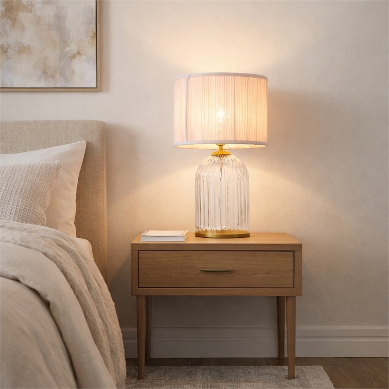 Rebecca Modern Ribbed Glass&Gold Metal Table Lamp with Pleated Shade