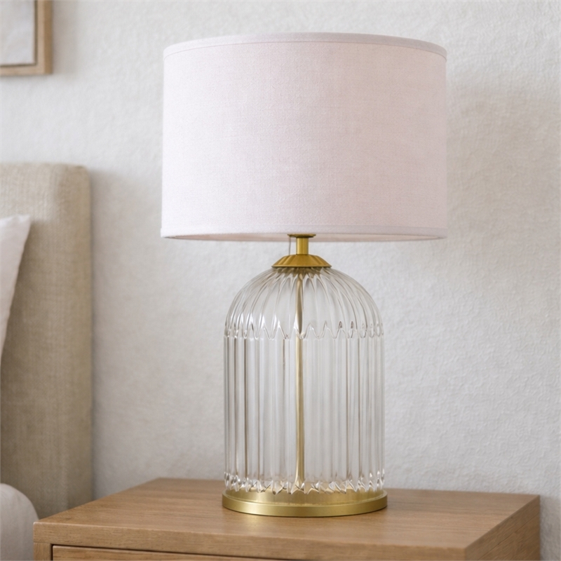 Rebecca Modern Ribbed Glass&Gold Metal Table Lamp with Pleated Shade