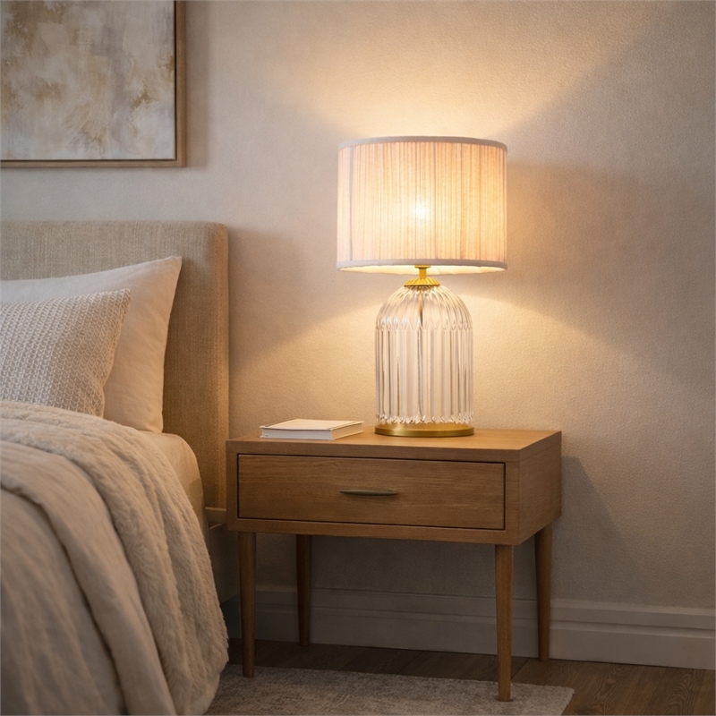 Rebecca Modern Ribbed Glass&Gold Metal Table Lamp with Pleated Shade