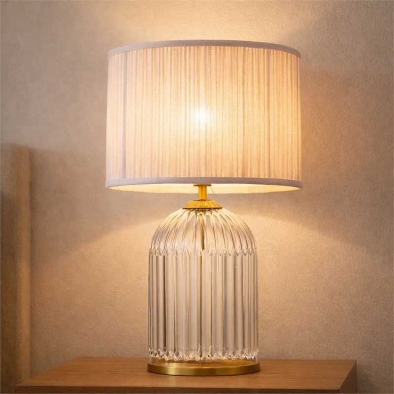 Rebecca Modern Ribbed Glass&Gold Metal Table Lamp with Pleated Shade