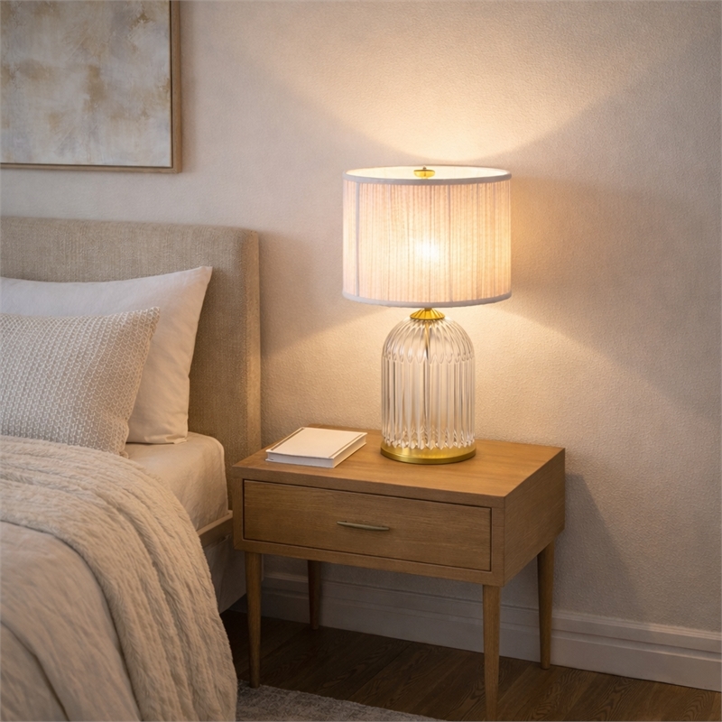 Rebecca Modern Ribbed Glass&Gold Metal Table Lamp with Pleated Shade