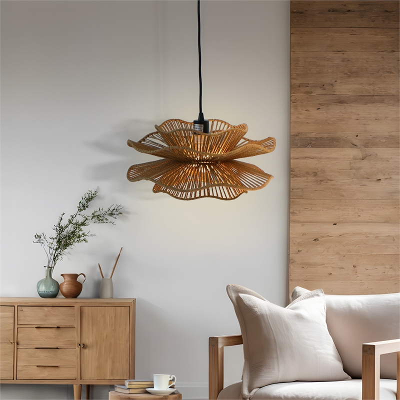 Westan Natural Woven Rattan Layered Black Metal Pendant Light