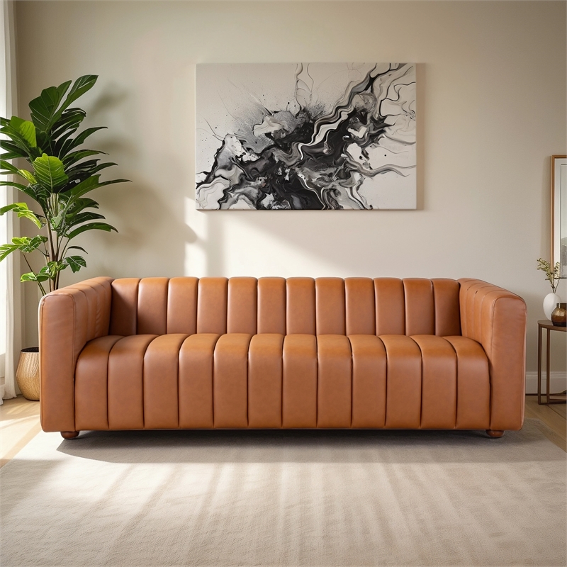 Royce Mid-Century Modern Genuine Leather Sofa in Cognac Tan
