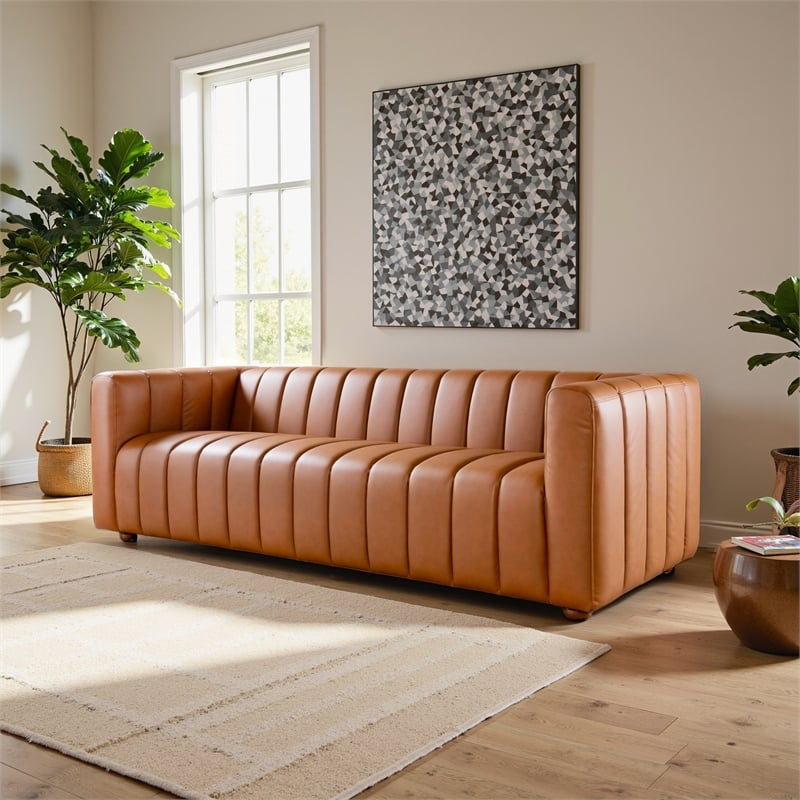 Royce Mid-Century Modern Genuine Leather Sofa in Cognac Tan