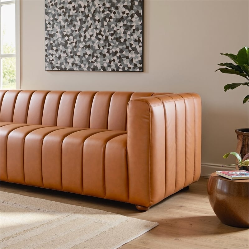 Royce Mid-Century Modern Genuine Leather Sofa in Cognac Tan