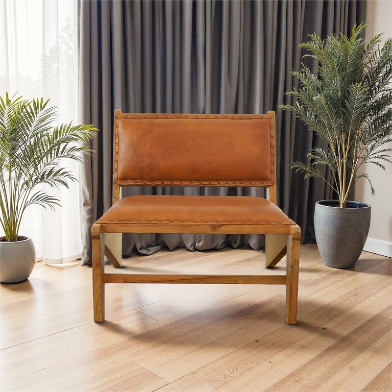 Moderna Mid Century Modern Genuine Leather Upholstered Lounge Chair in Tan