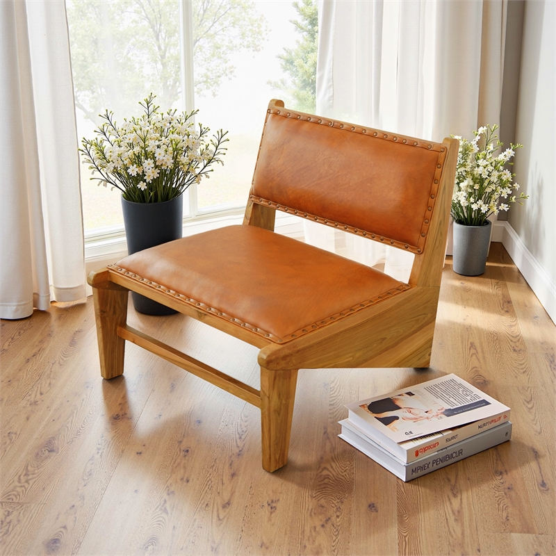 Moderna Mid Century Modern Genuine Leather Upholstered Lounge Chair in Tan