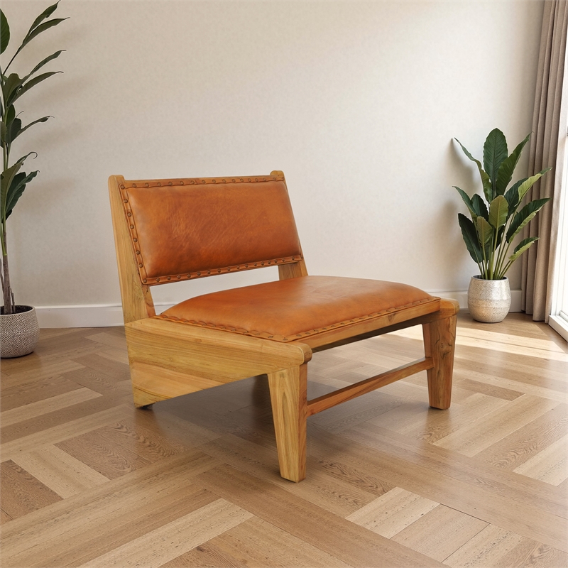Moderna Mid Century Modern Genuine Leather Upholstered Lounge Chair in Tan