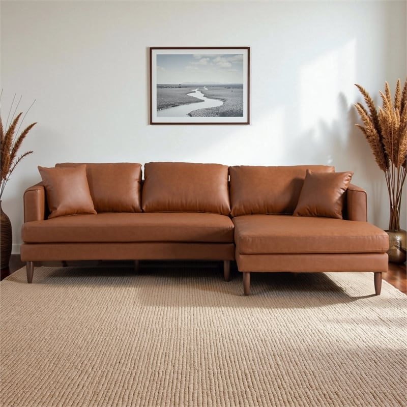 Edenton Mid-Century Modern Leather Right Facing Sectional Sofa in Cognac Tan