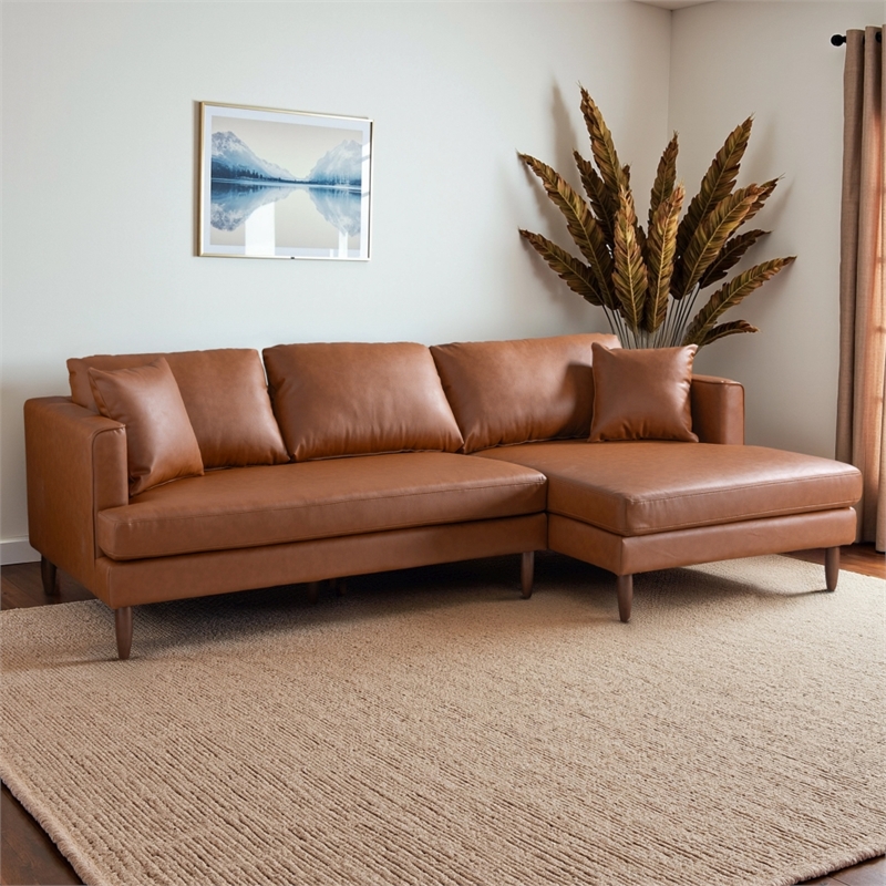 Edenton Mid-Century Modern Leather Right Facing Sectional Sofa in Cognac Tan