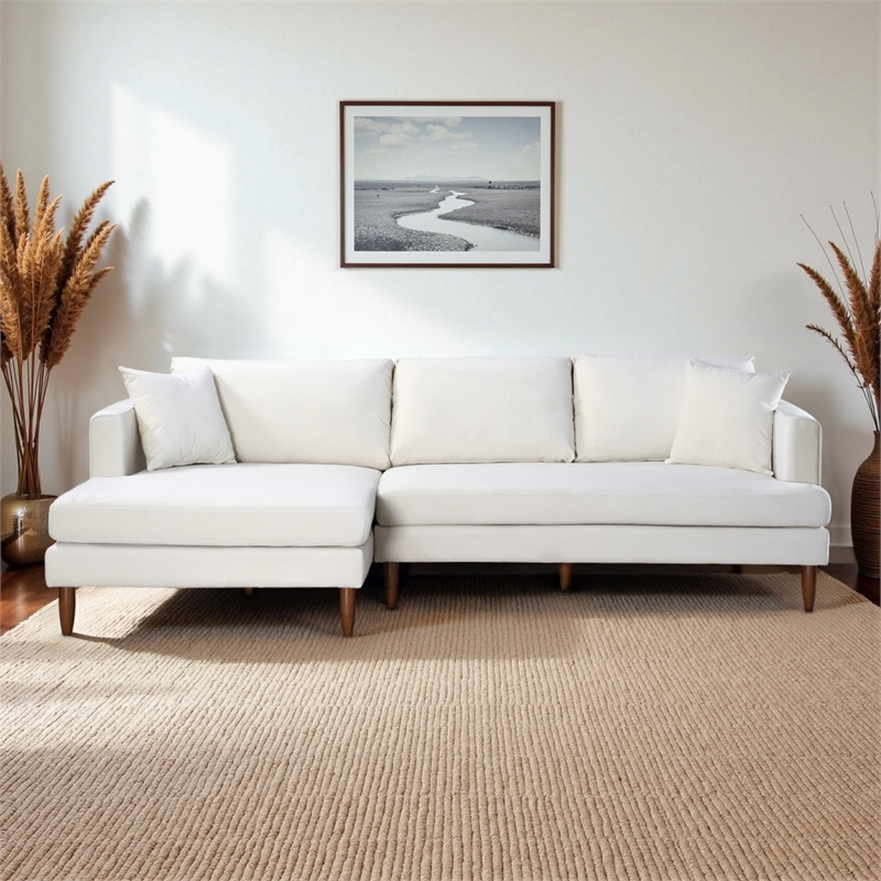 Edenton Mid-Century Modern Velvet Left Facing Sectional Sofa in Cream