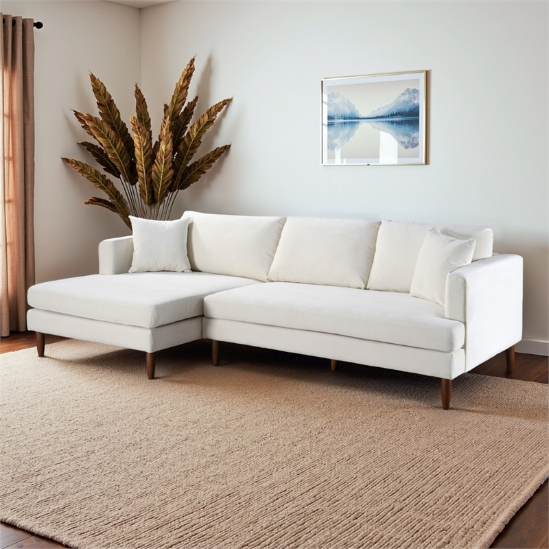 Edenton Mid-Century Modern Velvet Left Facing Sectional Sofa in Cream