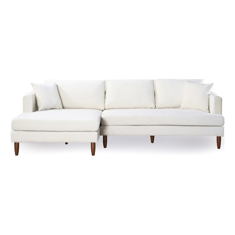 Edenton Mid-Century Modern Velvet Left Facing Sectional Sofa in Cream