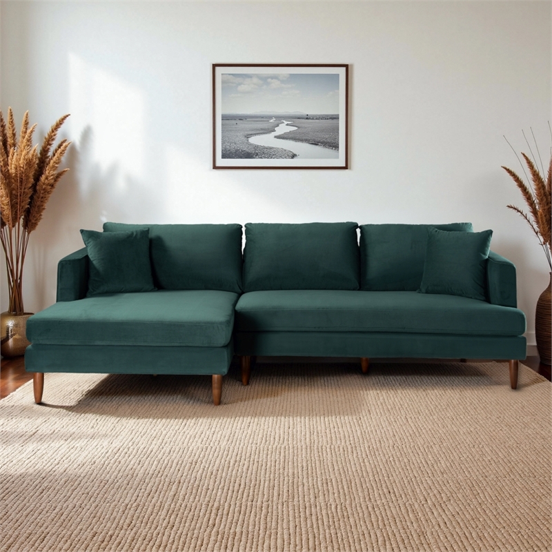Edenton Mid-Century Modern Velvet Left Facing Sectional Sofa in Dark Green
