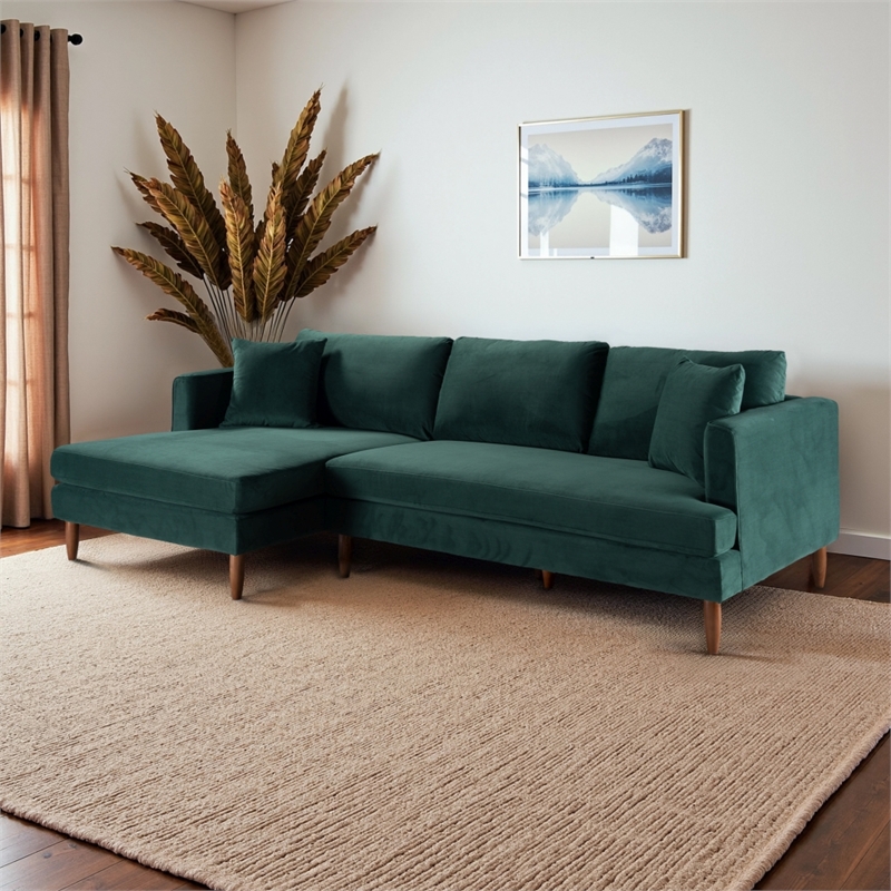 Edenton Mid-Century Modern Velvet Left Facing Sectional Sofa in Dark Green