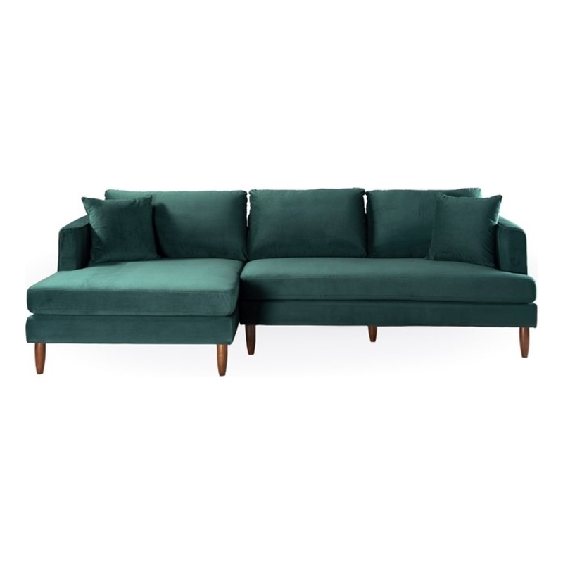 Edenton Mid-Century Modern Velvet Left Facing Sectional Sofa in Dark Green