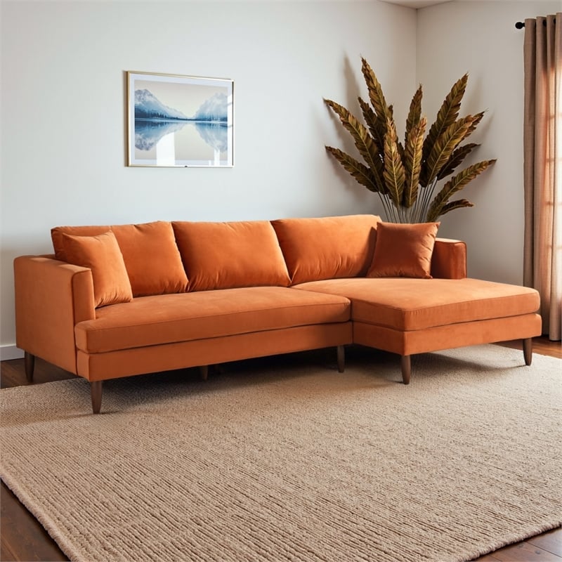 Edenton Mid-Century Modern Velvet Right Facing Sectional Sofa in Burnt Orange