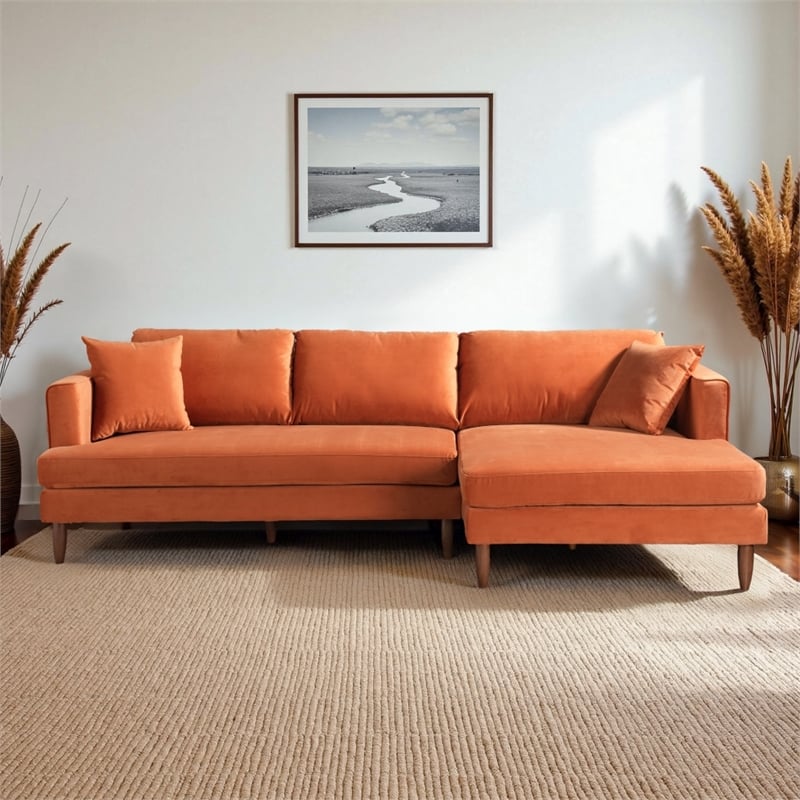Edenton Mid-Century Modern Velvet Right Facing Sectional Sofa in Burnt Orange