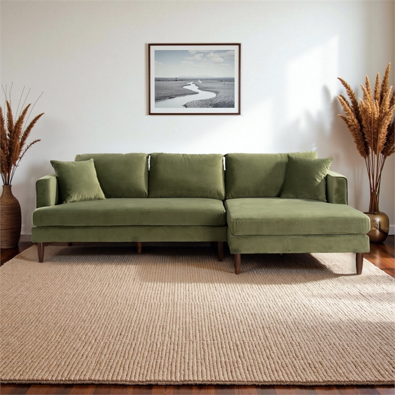 Edenton Mid-Century Modern Velvet Right Facing Sectional Sofa in Olive Green