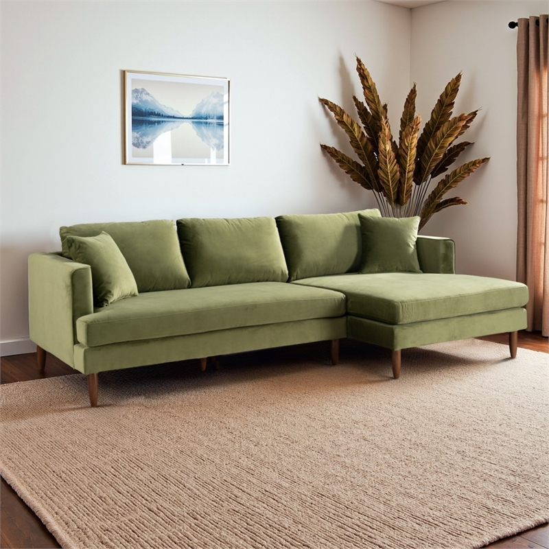 Edenton Mid-Century Modern Velvet Right Facing Sectional Sofa in Olive Green