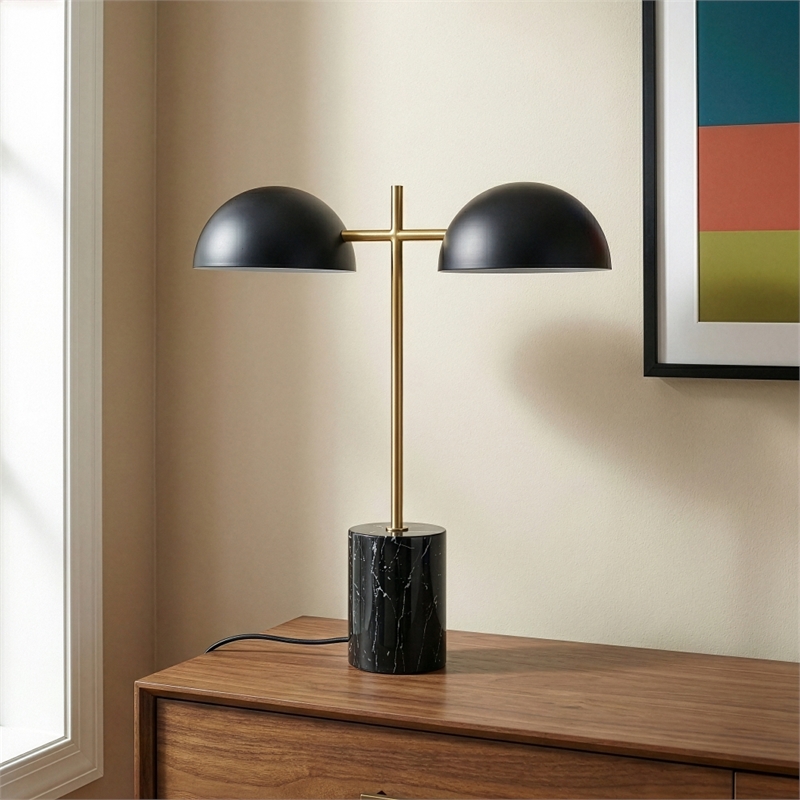 Ledin Black and Gold Double Light Table Lamp with Marble Base