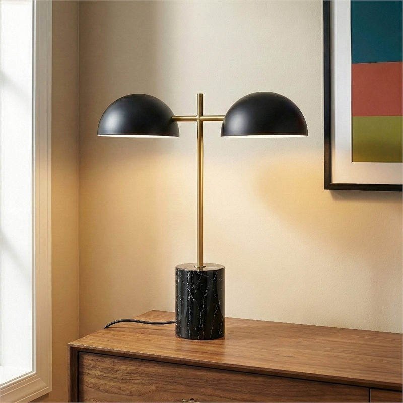 Ledin Black and Gold Double Light Table Lamp with Marble Base