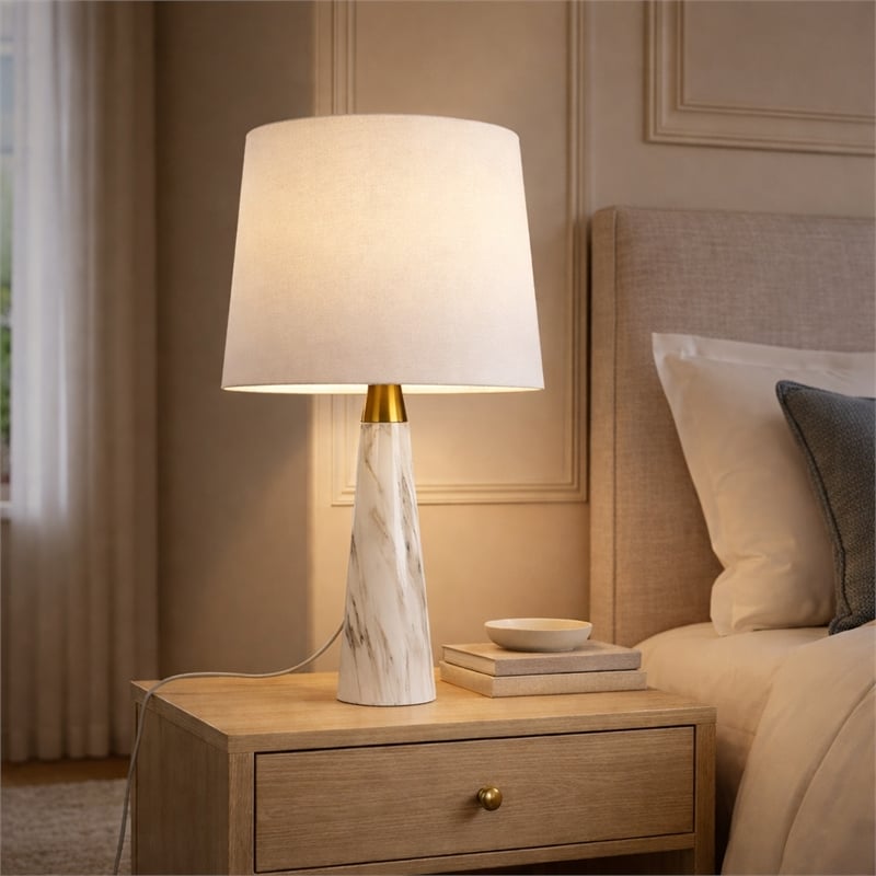 Apte Modern Black Contemporary Table Lamp with Faux Marble Base
