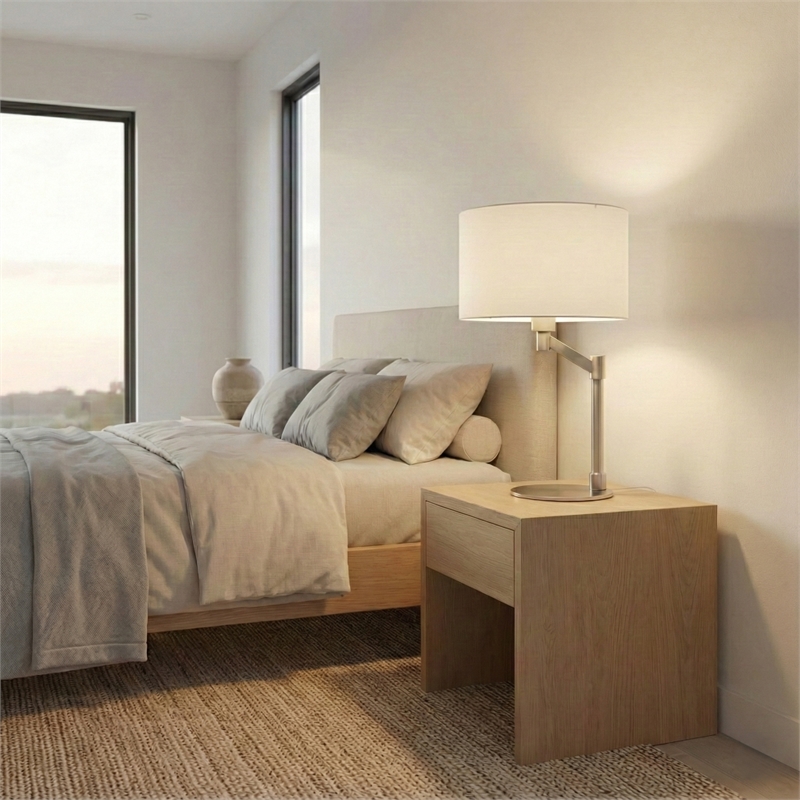 Tomy Modern Brushed Nickel Metal Table Lamp with Fabric Drum Shade