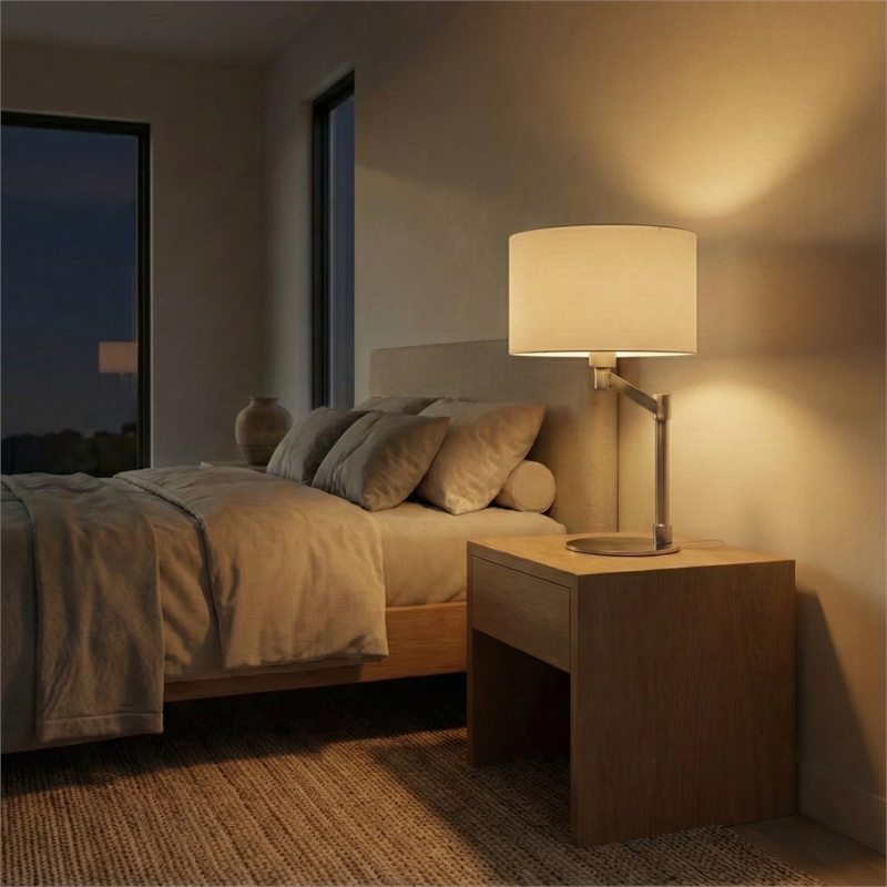 Tomy Modern Brushed Nickel Metal Table Lamp with Fabric Drum Shade