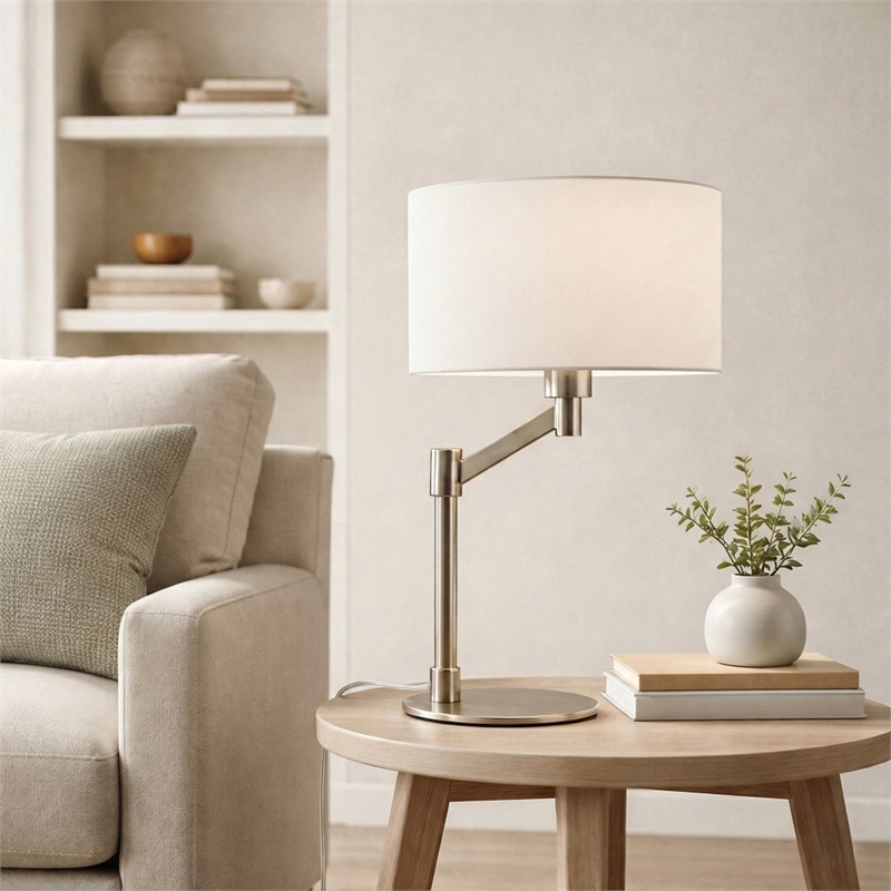 Tomy Modern Brushed Nickel Metal Table Lamp with Fabric Drum Shade