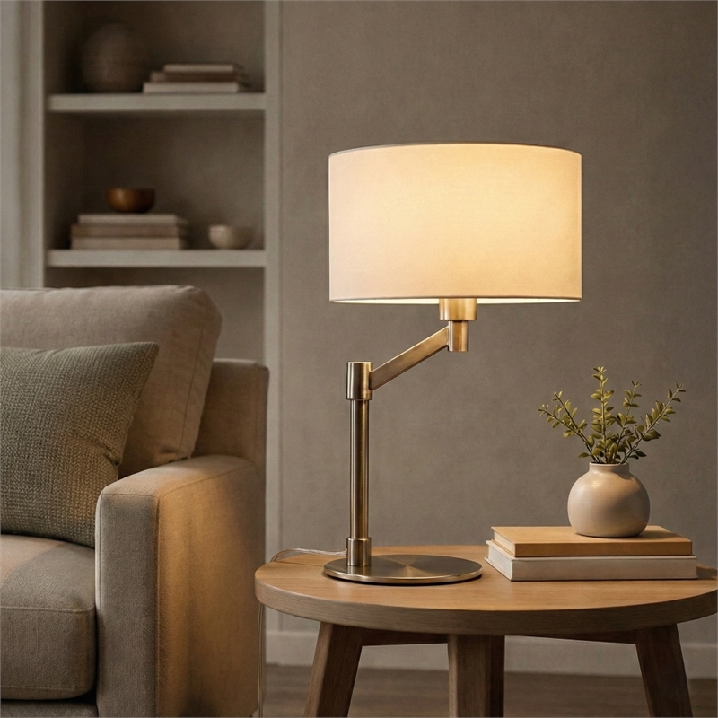 Tomy Modern Brushed Nickel Metal Table Lamp with Fabric Drum Shade