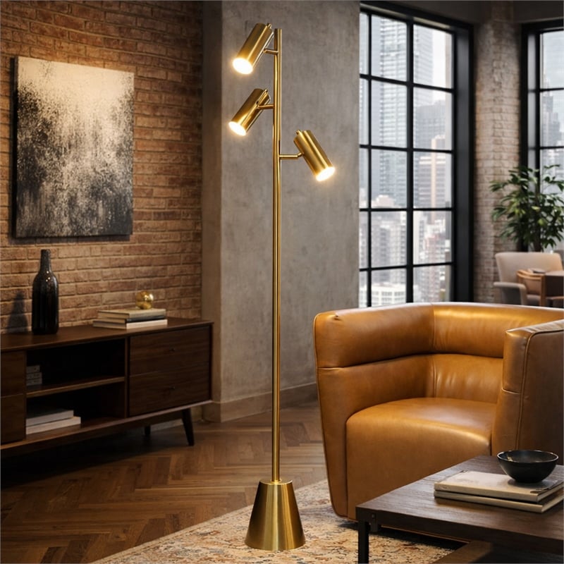 Karidi Modern Gold Metal Cone Base Triple Spotlight Floor Lamp