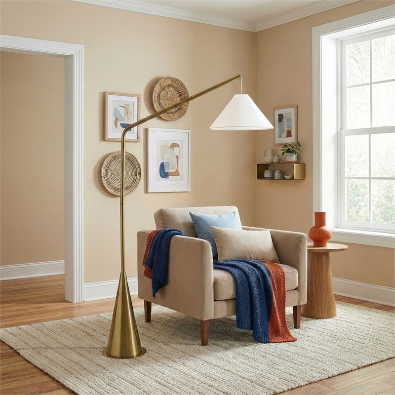 Pleit Modern Brushed Brass Floor Lamp with Hanging Fabric Shade