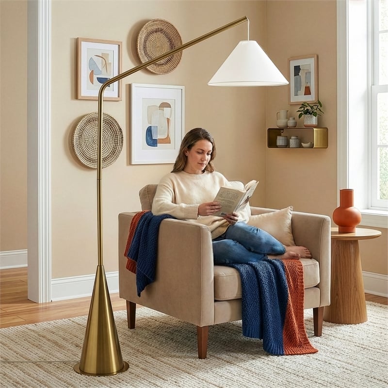 Pleit Modern Brushed Brass Floor Lamp with Hanging Fabric Shade