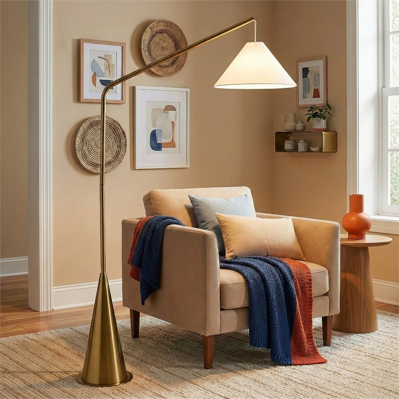 Pleit Modern Brushed Brass Floor Lamp with Hanging Fabric Shade